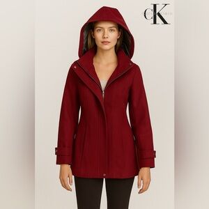 Calvin Klein Women's Wool Blend Burgundy Hooded Coat